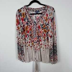 Democracy Tan & Red Floral Long Sleeve Balloon Sleeve Tie Front Top Casual Boho